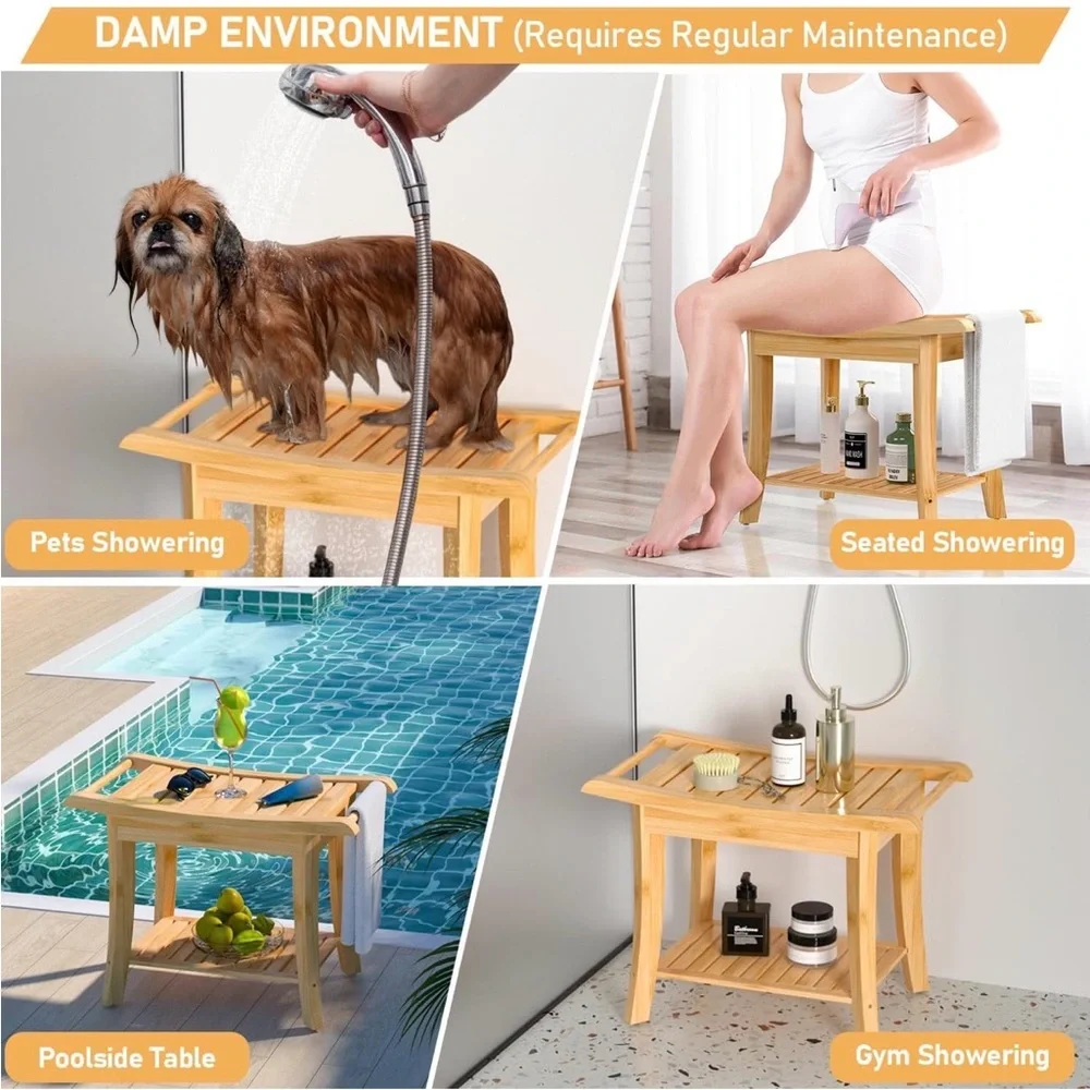 Zhuoyue Bamboo Spa Bath Shower Stool & Bench with Storage Shelf, Shower Bath